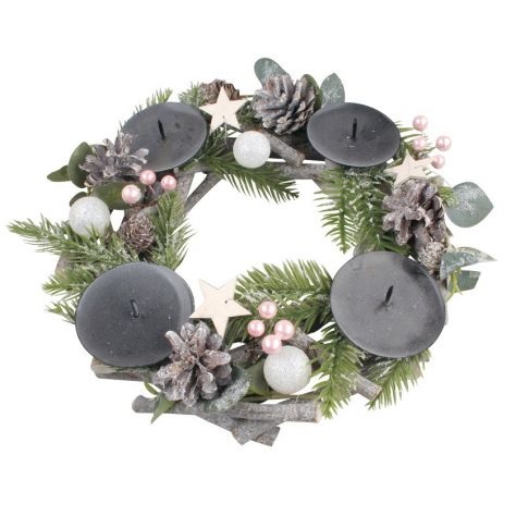 Adventní svícen věnec s růžovými kuličkami 30 cm